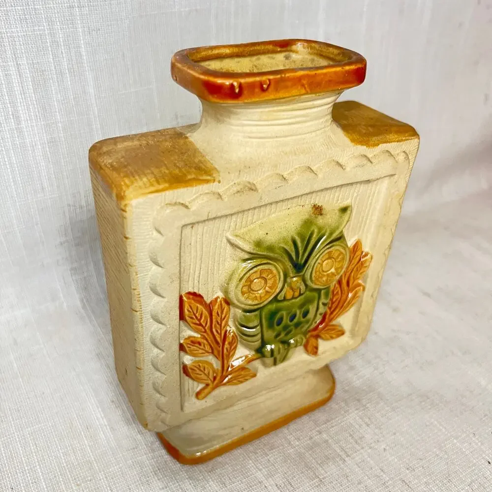 Vintage 70s Owl Vase Square Boho Green Cream Tan Glaze 7 Inches Tall Bohemian - Picture 3 of 9